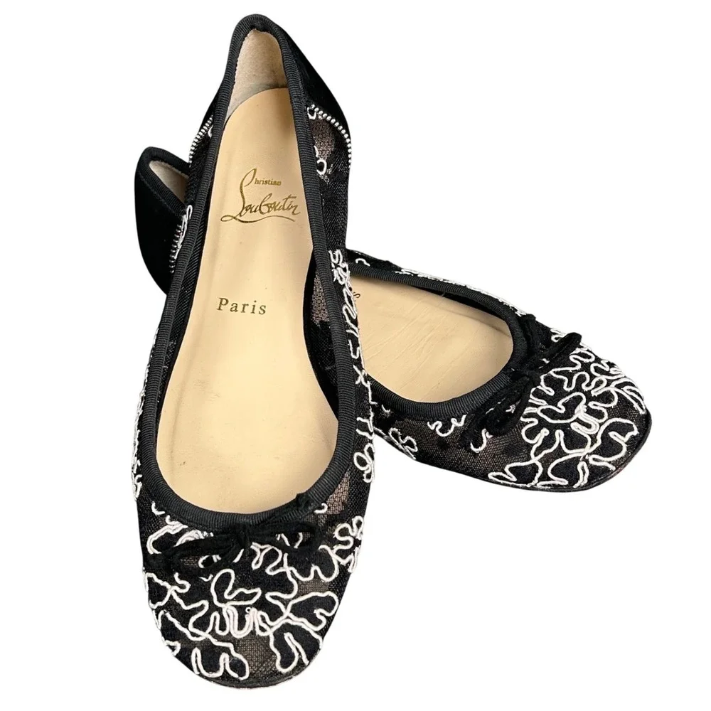 Christian Louboutin Bahia Mesh Floral Embroidered Ballet Flat Black White 38 7.5